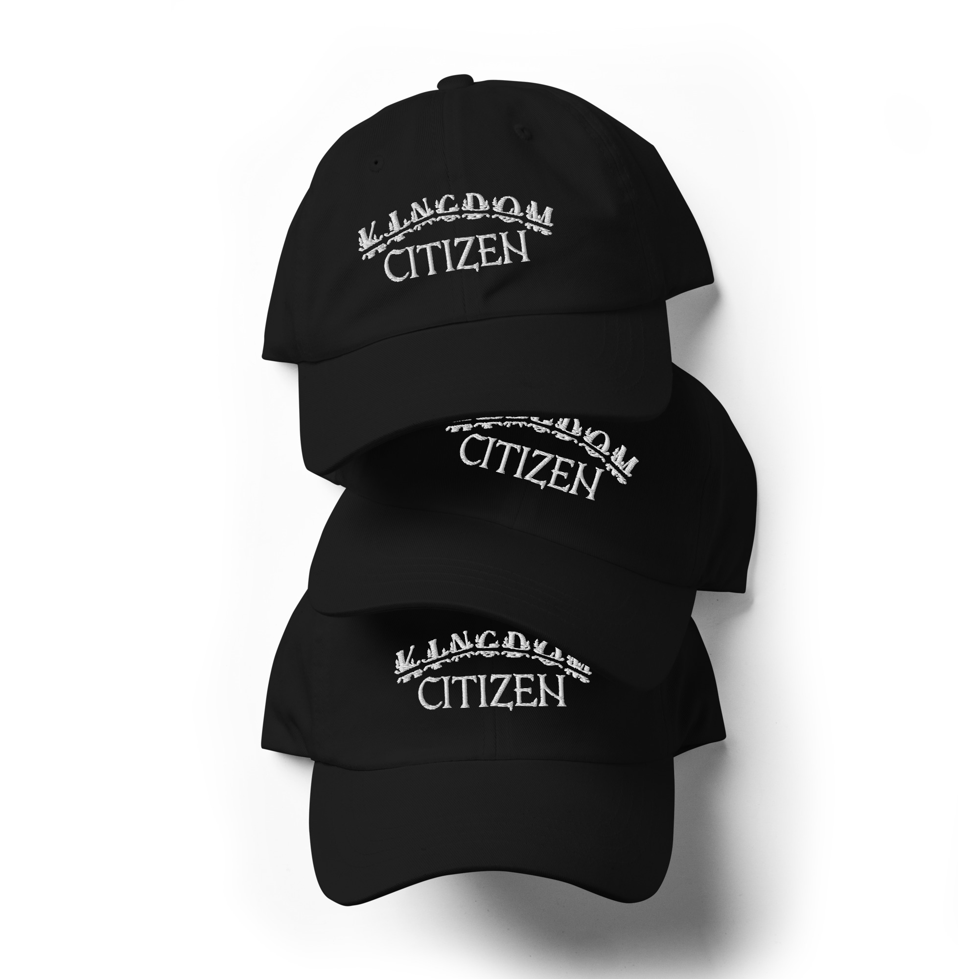 Faith apparel black hat displays "Kingdom Citizen" in white embroidery