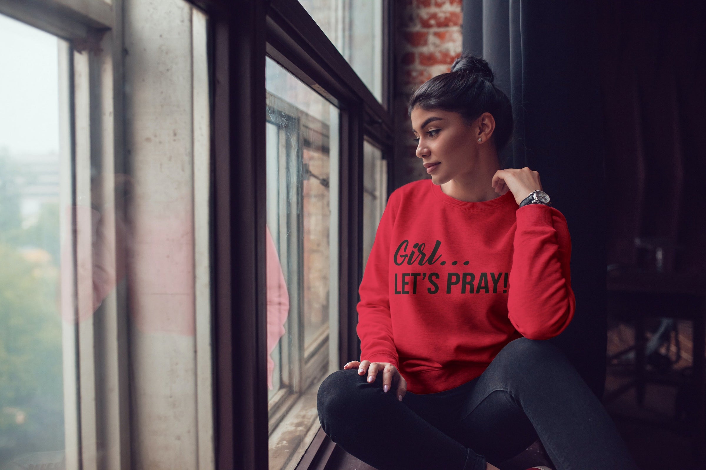 Red sweatshirt with a faith inspiring message.  "Girl Let's Pray". Available also in Black.