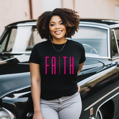 Designed in mind for every Entrepreneur. Statement Tee message reads "Entrepreneuring In Faith" Image available in Orange, white, pink and green.