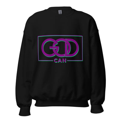 Black sweatshirt with message "GOD CAN" in purple.