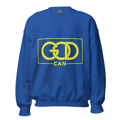 Royal sweatshirt with message "GOD CAN" in yellow.