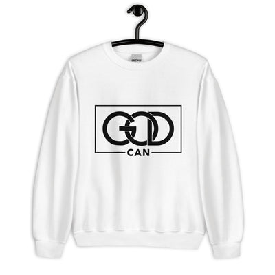 White sweatshirt with message "GOD CAN" in black. 