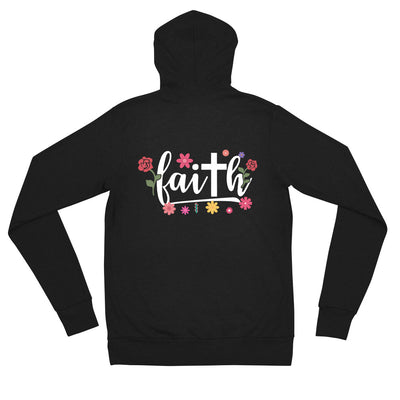 lightweight zip hoodie in black.  Image "faith"  words in white  and flowers