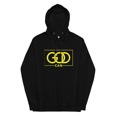 Black mid-weight hoodie with message "GOD CAN" in yellow.