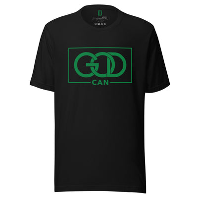 God Can Pink cotton unisex T-shirt. "GOD CAN" Green design on black t-shirt.