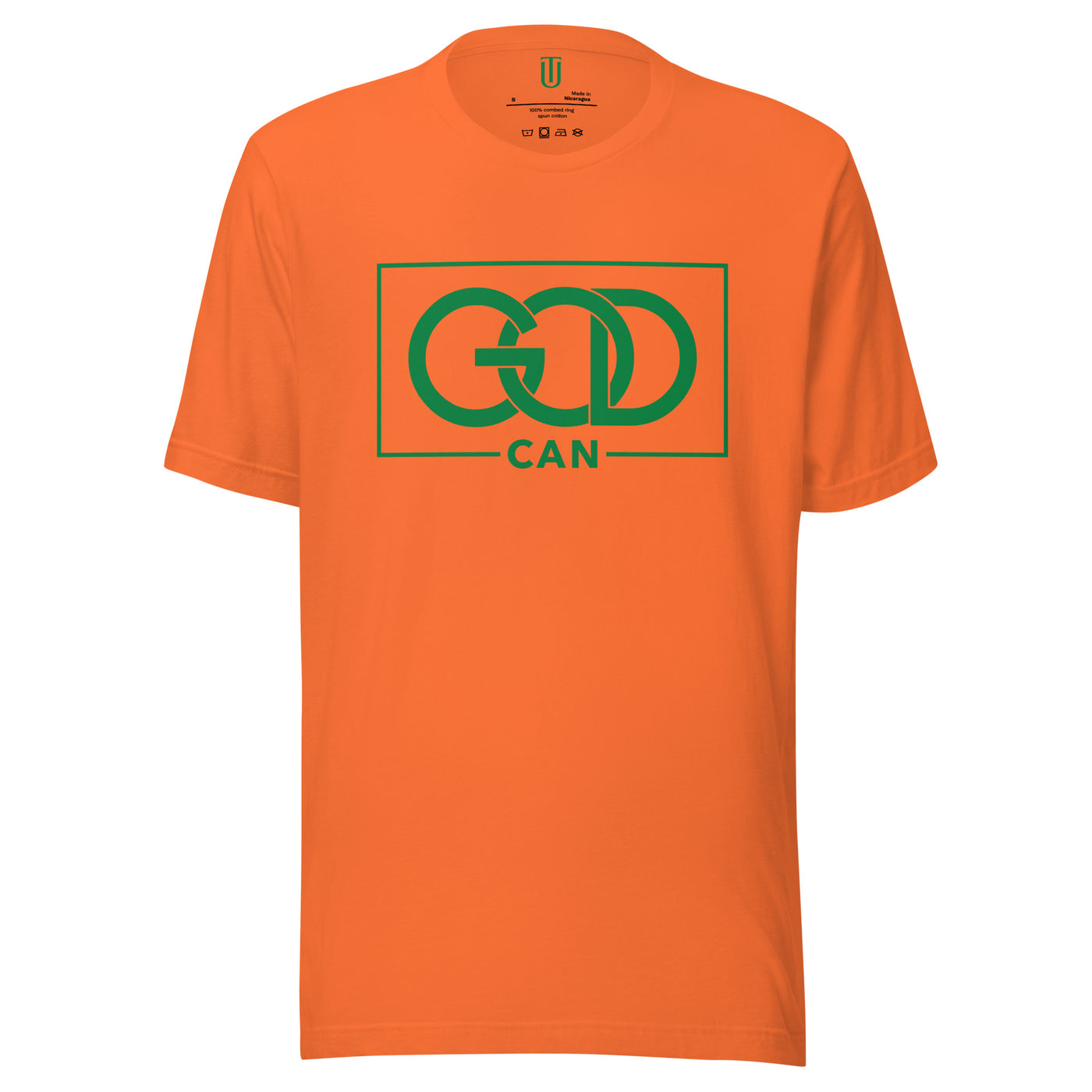 God Can Pink cotton unisex T-shirt. "GOD CAN" Green design on orange t-shirt.