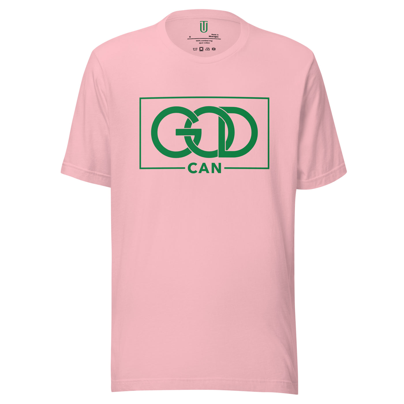 God Can Pink cotton unisex T-shirt. "GOD CAN" Green design on pink t-shirt.