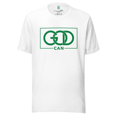 God Can Pink cotton unisex T-shirt. "GOD CAN" Green design on white t-shirt.