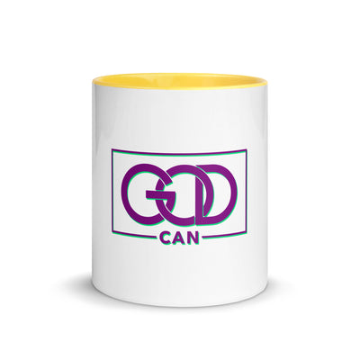 White ceramic mug with color inside-yellow and message displayed "GOD CAN"