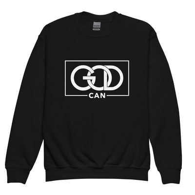 Kids Crewneck Sweatshirt available in black and grey. Image in white "GOD CAN".