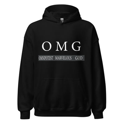OMG Pullover Hoodie. Omnipotent Marvelous God. Hoodie is great quality and a great fit with a soft feel. Image in white and hoodie shown in black.