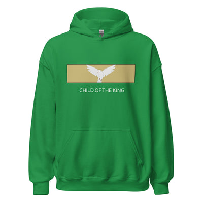 Child of the King unisex hoodie. Hoodie is warm and noted with an image of a white dove inside a gold rectangular block. Words are displayed below image. Hoodie shown in Irish green.
