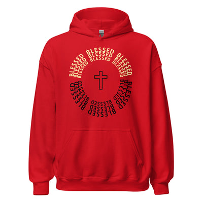 Blessed Two Tone Unisex Hoodie. The image displays the word "Blessed" in a circular shape with the colors black and light gold tone. A symbol of a cross shown in the middle. Hoodie shown in red.
