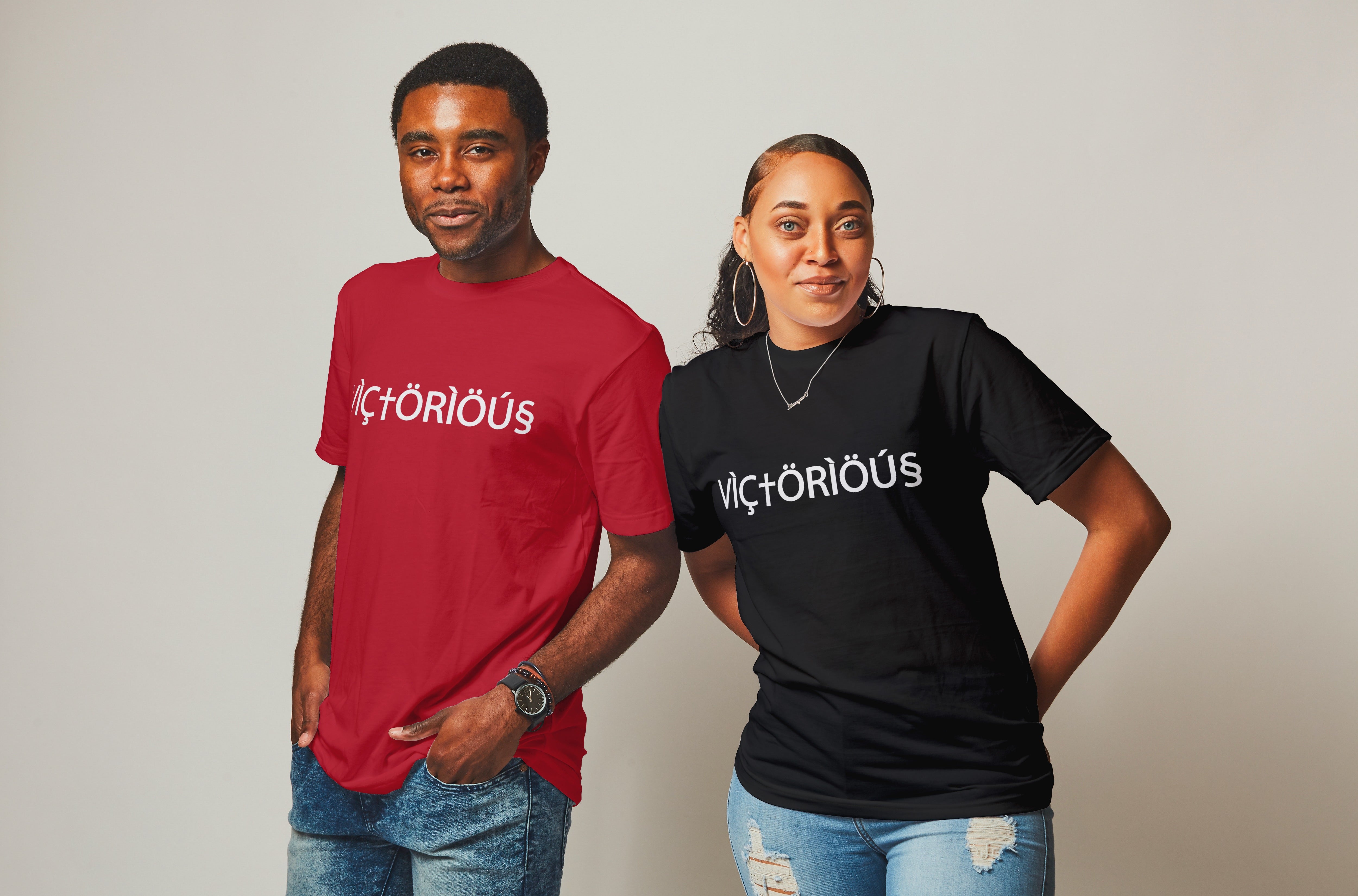 Victorious christian t-shirt displayed in the color red and black.