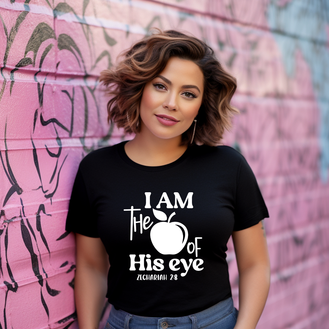 Apple Of His Eye Cotton Christian T-shirt. Shown in Black