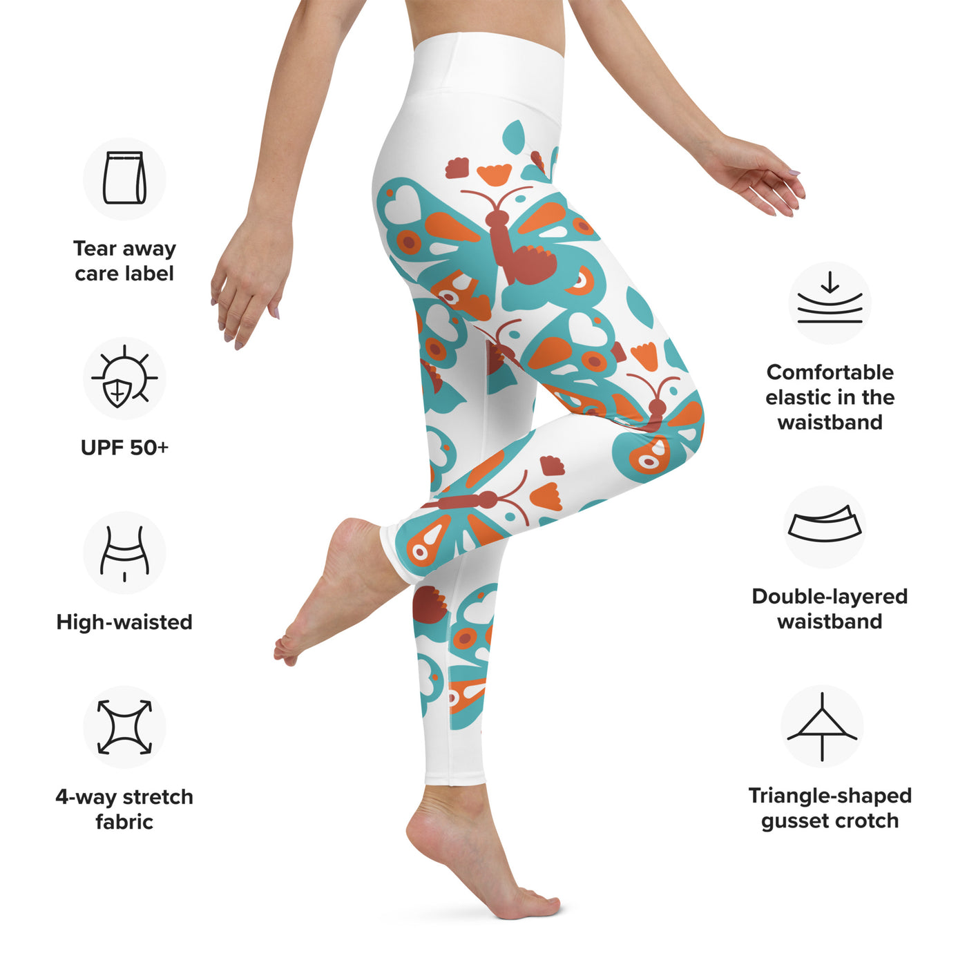 Butterfly white leggings. Butterfly images in orange and turquoise. 