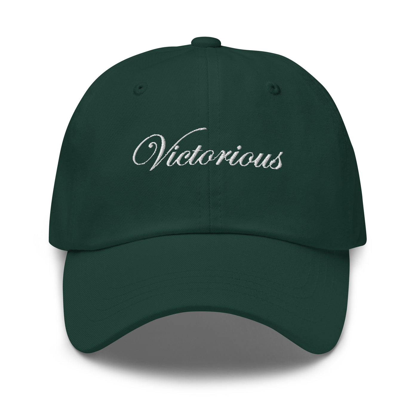 Victorious  White Script Embroidery On Spruce (Green) Baseball Hat .  