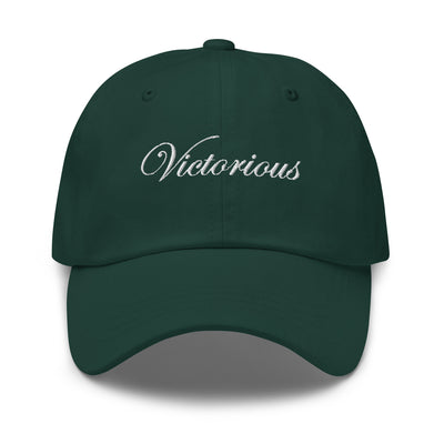 Victorious  White Script Embroidery On Spruce (Green) Baseball Hat .  