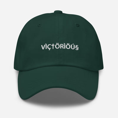 Victorious  White Embroidery On Spruce (Green) Baseball Hat .  