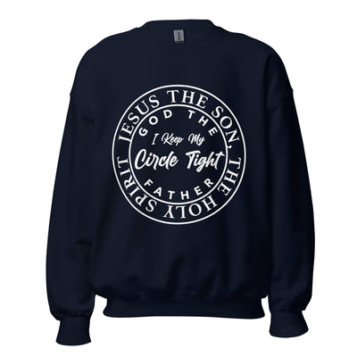 Trinity Circle Faith Cotton Sweatshirt. Available in black, navy, red. Image reads "God the Father, The Son, The Holy Spirit".