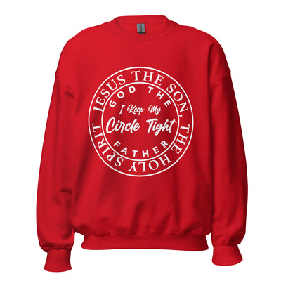 Trinity Circle Faith Cotton Sweatshirt. Available in black, navy, red. Image reads "God the Father, The Son, The Holy Spirit".