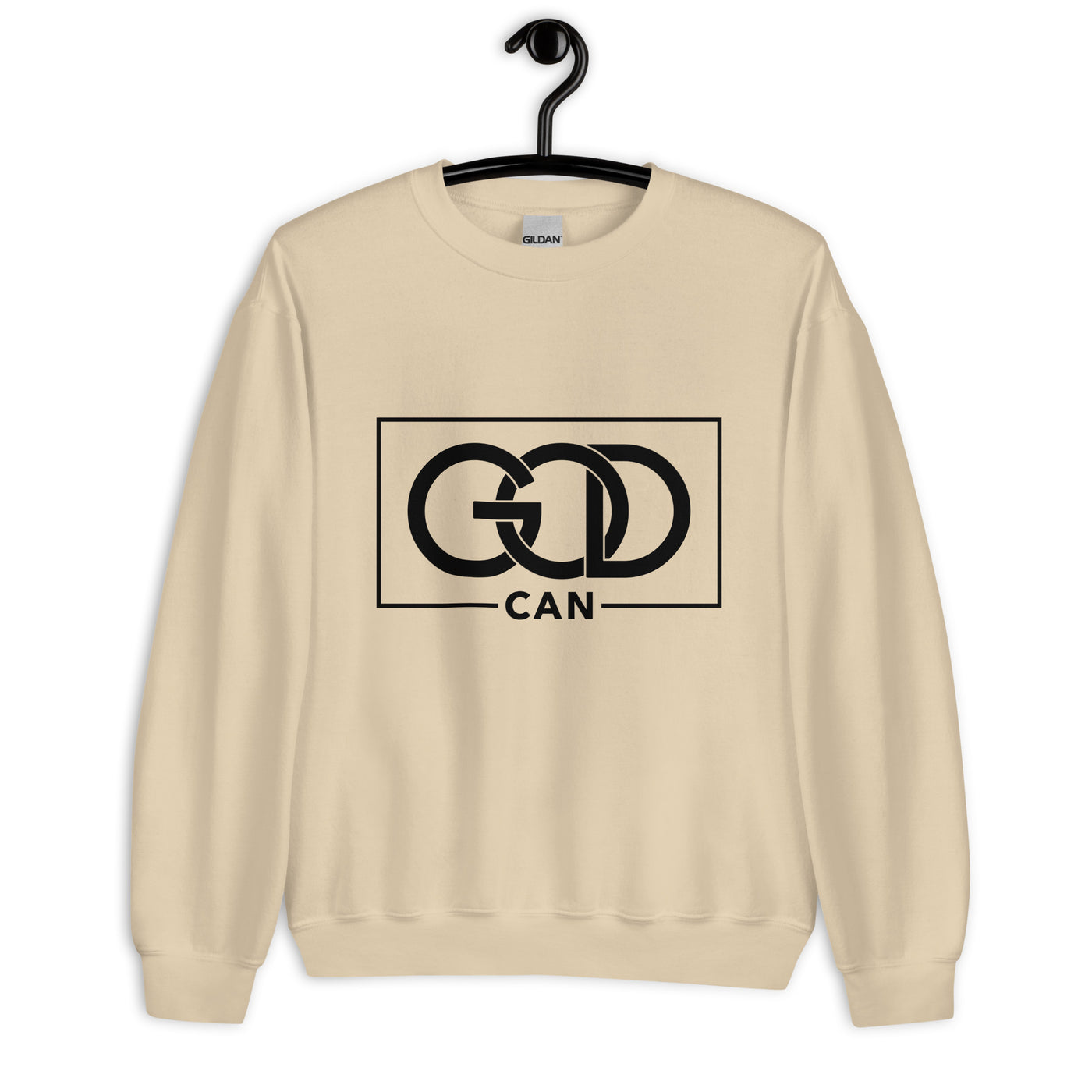 Sand sweatshirt with message "GOD CAN" in black.