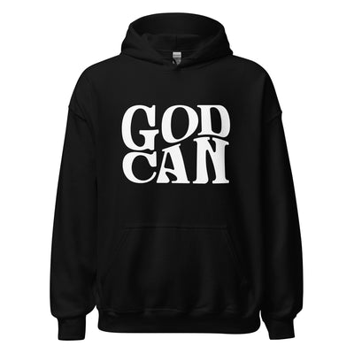 Black Hoodie "God Can" Image in white. Faith Apparel.