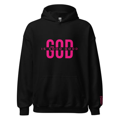 God  Is Sooo Good Hoodie is now available in several colors. Showing Pink on black hoodie.