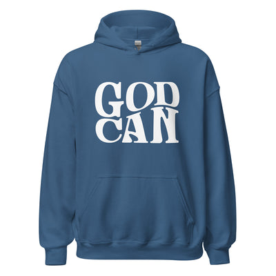 Indigo Hoodie "God Can" Image in white. Faith Apparel.