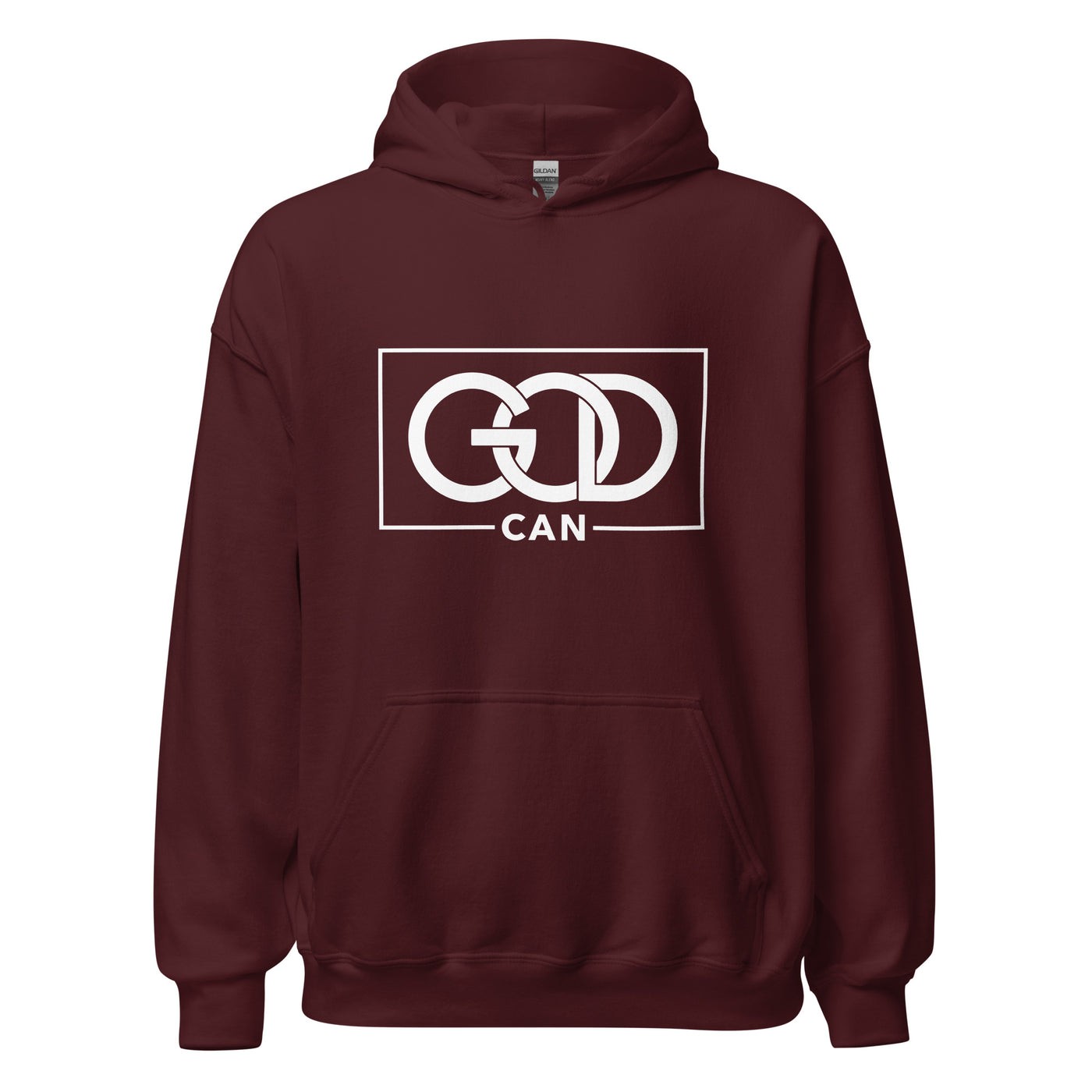 BlacMaroon Hoodie with message "GOD CAN" in white