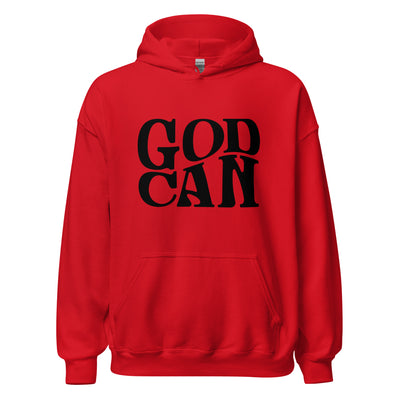 Red Hoodie "God Can" Design in black. Faith Apparel.