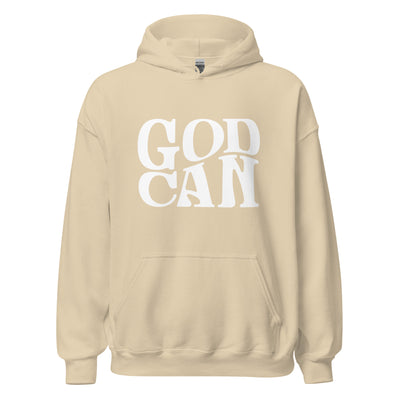 Sand Hoodie "God Can" Image in white. Faith Apparel.