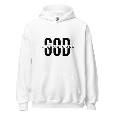 White color unisex heavy hoodie with message "GOD Is Sooo Good" in black.