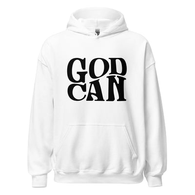 White Hoodie "God Can" Design in black. Faith Apparel