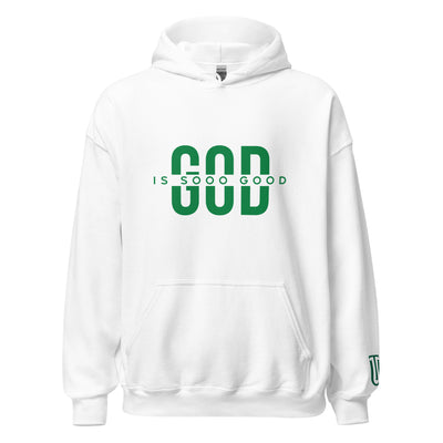 God  Is Sooo Good Hoodie is now available in several colors. Showing Green on white hoodie.