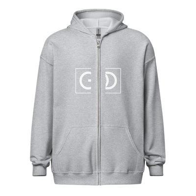 Sport- grey heavy zip hoodie with message "GOD CAN" in white. Front and Back Image.