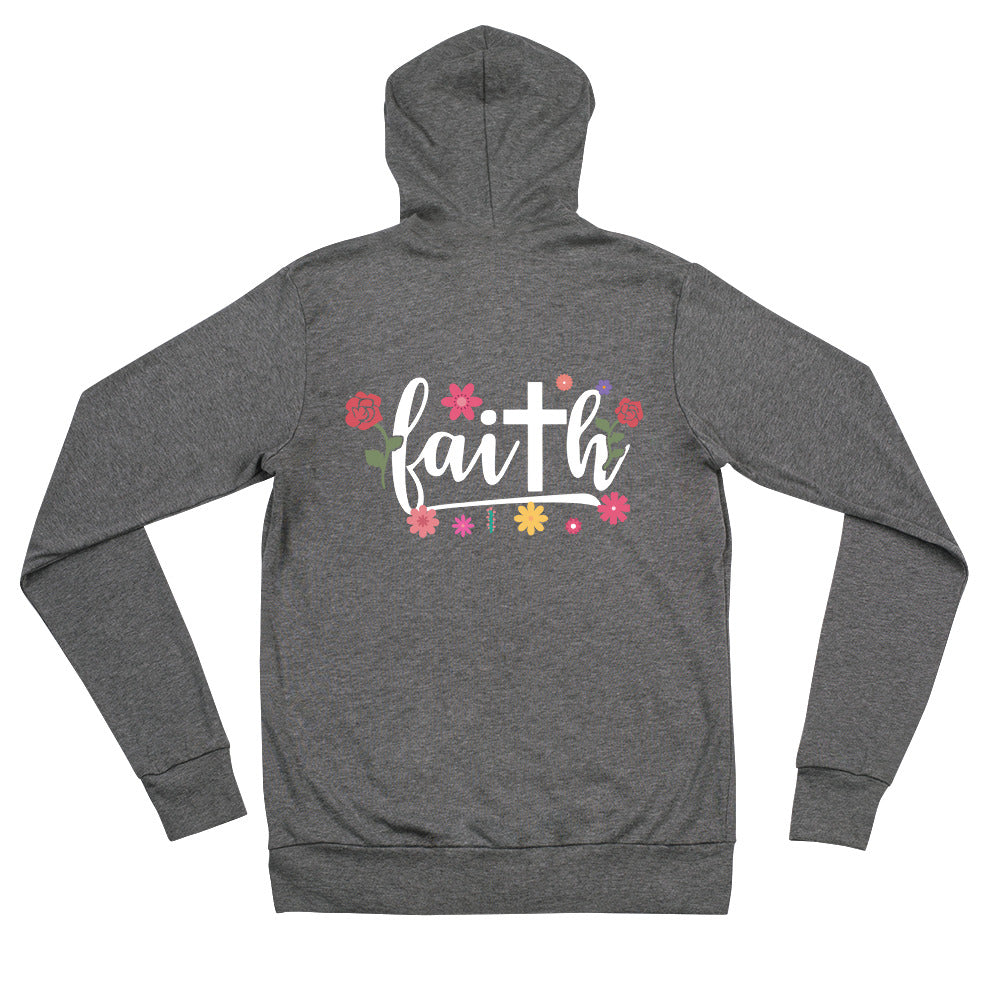 lightweight zip hoodie in grey. Image "faith" words in white and flowers