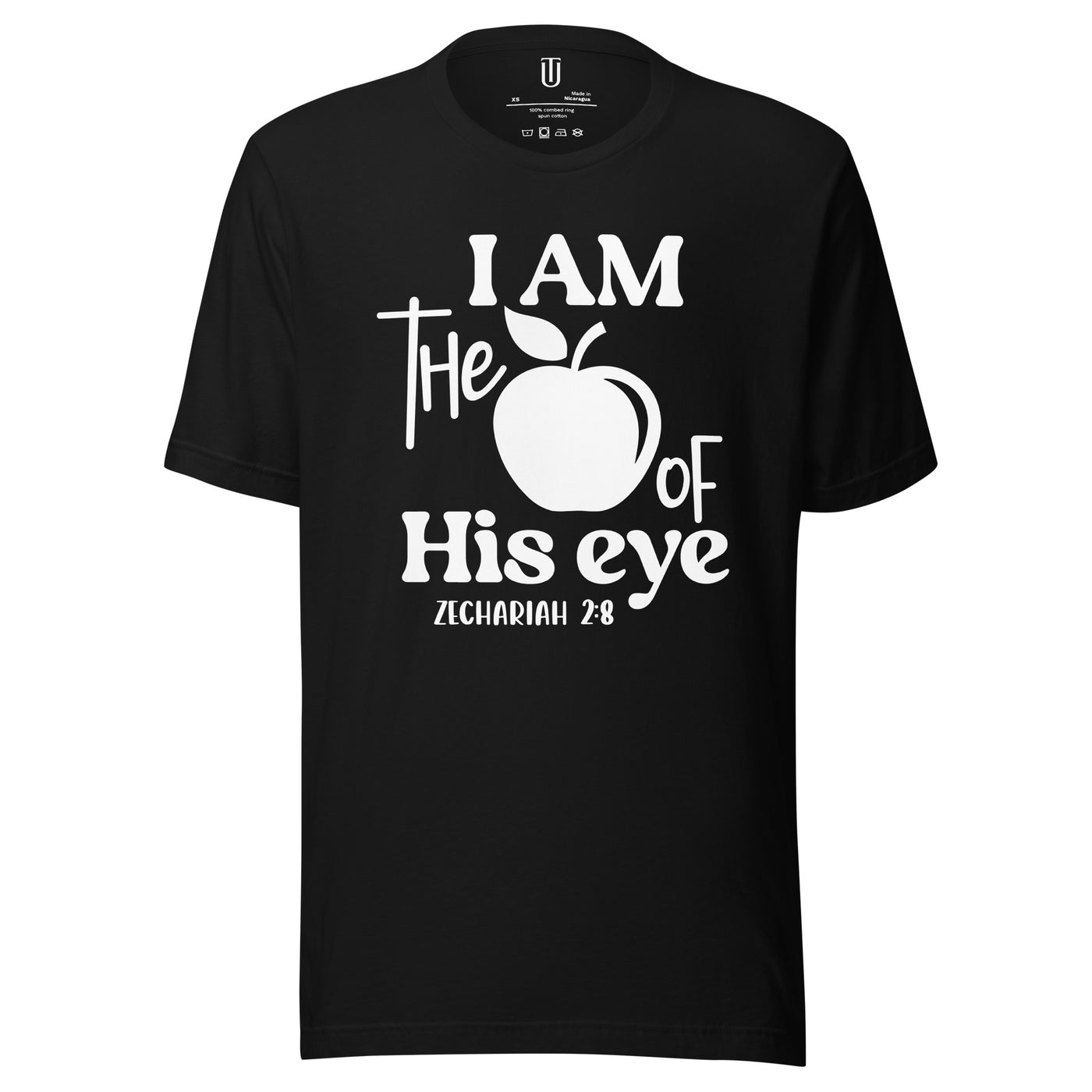 Apple Of His Eye Cotton Christian T-shirt. Shown in Black