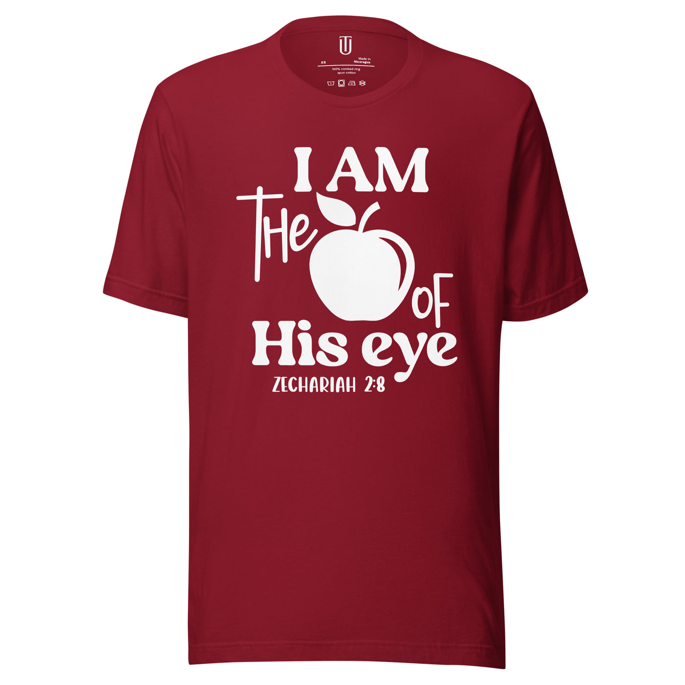 Apple Of His Eye Cotton Christian T-shirt. Shown in Cardinal (red)