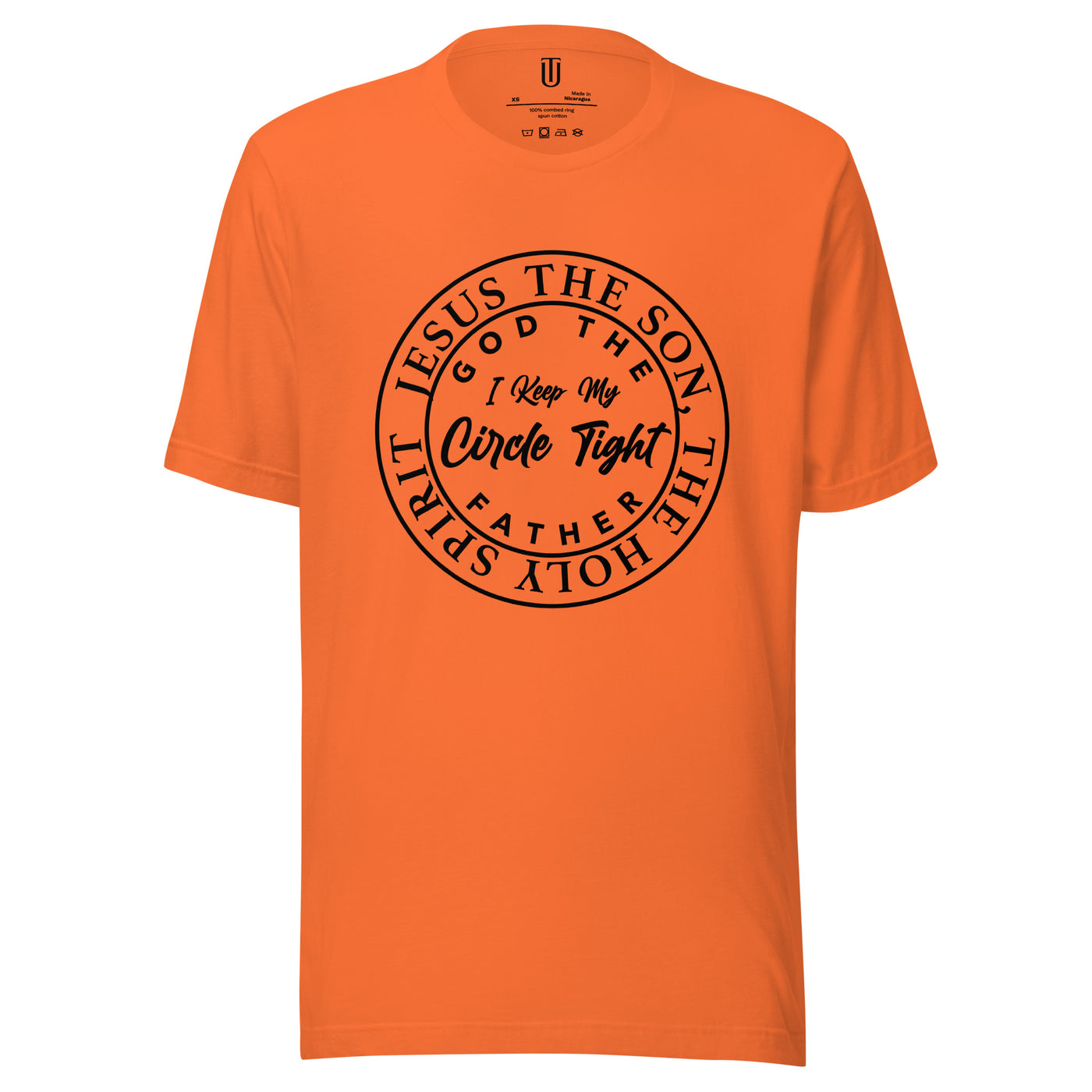 Cotton women's t-shirt with message "I keep my circle tight, God the father, Jesus the son and the Holy Spirit". T-shirt shown in color orange.