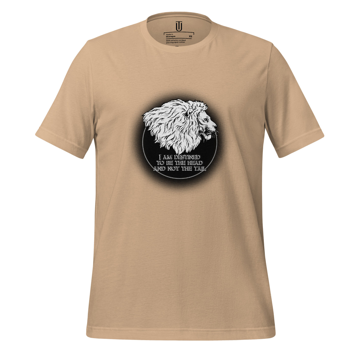 I Am Destined men T-shirt. Image reads"I am destined to be the head and not the tail", T-shirt shown in tan.