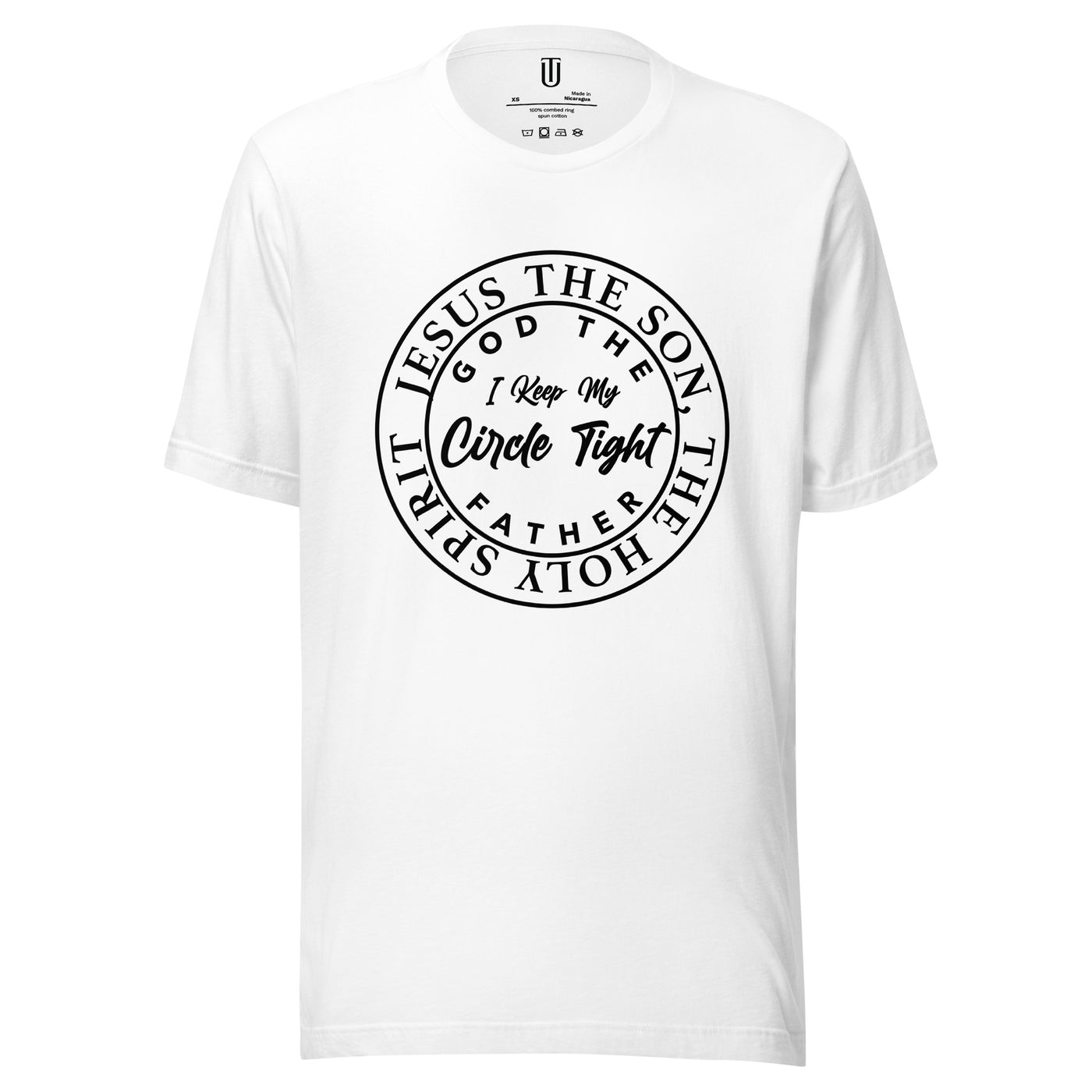 Cotton women's t-shirt with message "I keep my circle tight, God the father, Jesus the son and the Holy Spirit". T-shirt shown in color white.