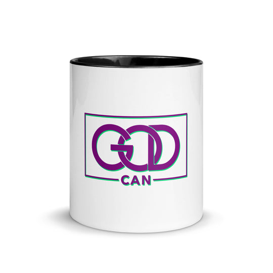 White ceramic mug with color inside-black and message displayed "GOD CAN"