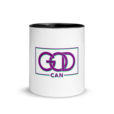 White ceramic mug with color inside-black and message displayed "GOD CAN"