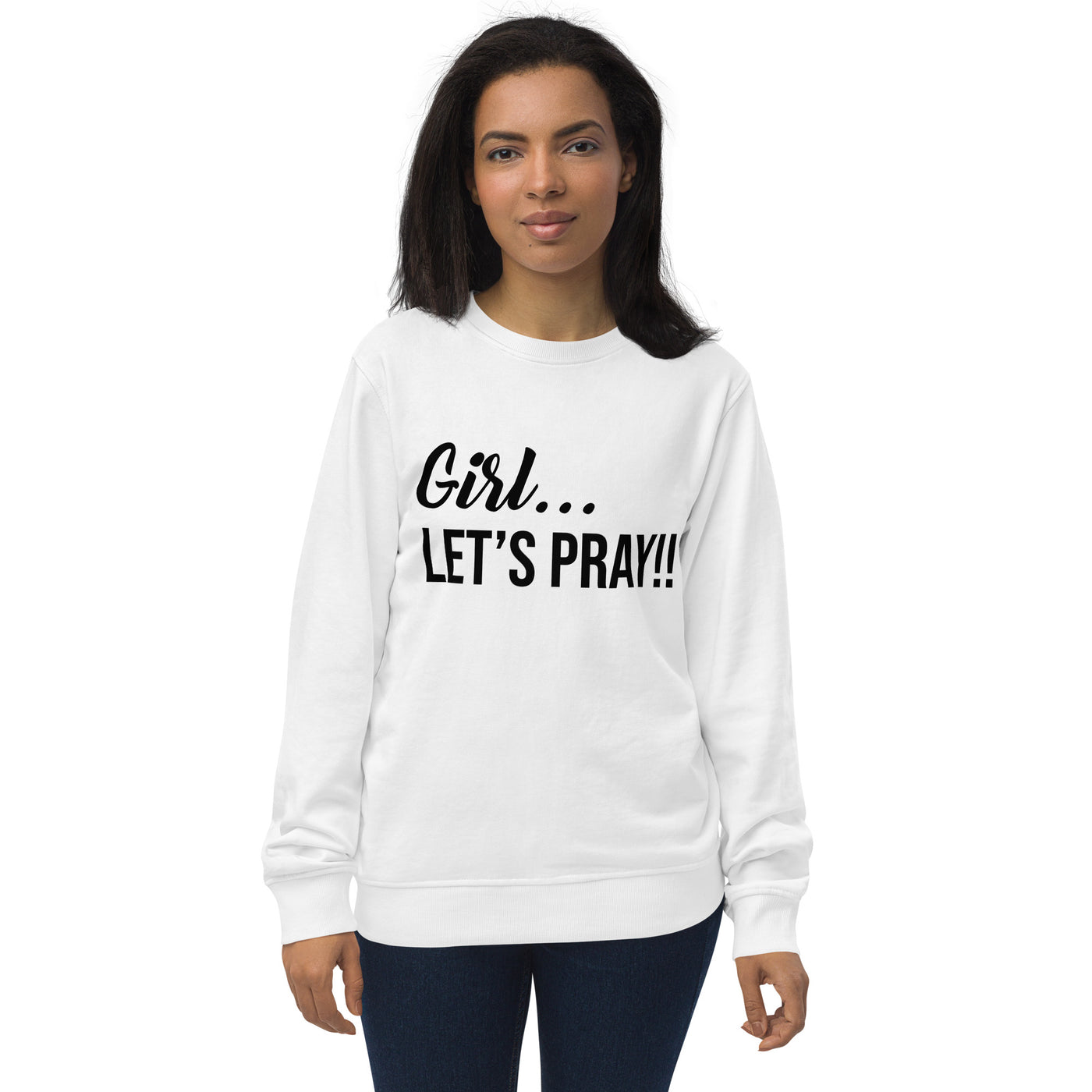 Girl Let's Pray women sweatshirt. The sweatshirt is available also in white. Quality fabric with a light weight feel, but warm enough for a breezy day. The message displayed in black. The sweatshirt is warm and looks great with anything you decide to pair it with. Sweatshirt shown in white.