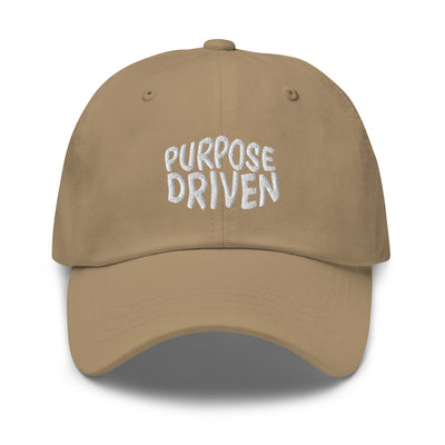 Khaki hat that reads "Purpose Driven"