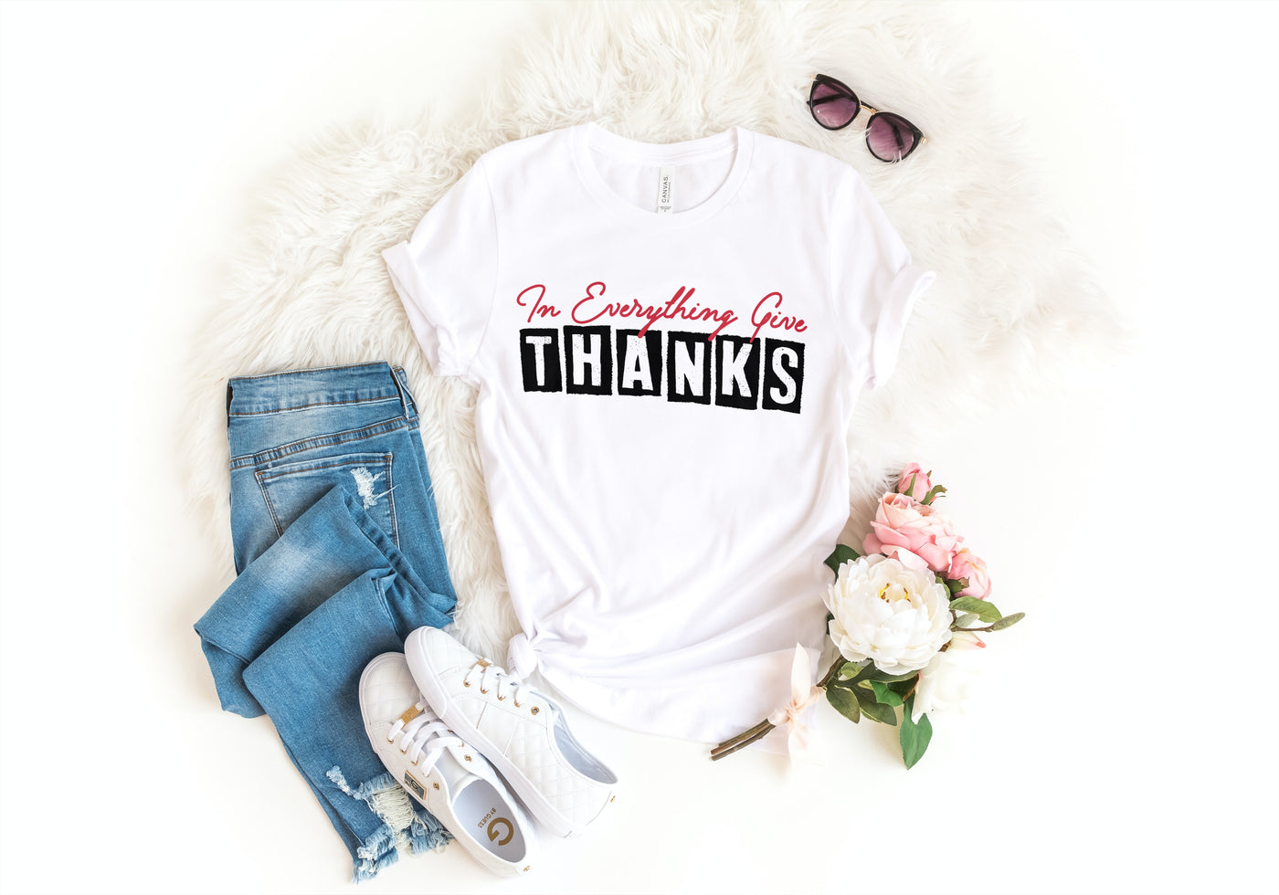 White unisex t-shirt. "In Everything Give Thanks".