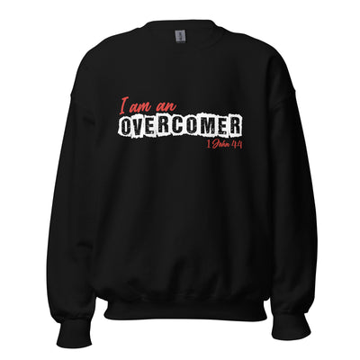 Overcomer unisex fleece sweatshirt. Image displays 1John4:4 verse below design. If you're on the lookout for both style and comfort, this fleece sweatshirt is the perfect choice. And with up to 5% recycled polyester in components, you'll be taking a little step closer to a more earth-friendly way of life. Sweatshirt shown in black