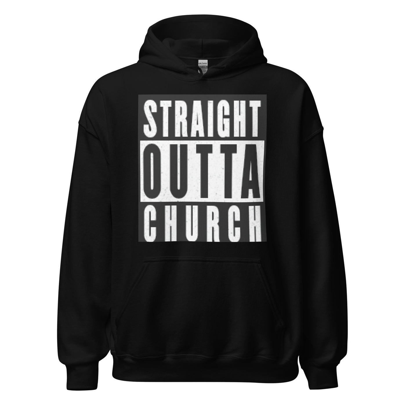 Outta Church Pullover Unisex Hoodie. Hoodie image reads "Straight Outta Church". Hoodie is quality and perfect for the cooler evenings. Hoodie shown in black. * Dark Colors, such as black hoodie -white designs will appear faded due to the composition of the garment.