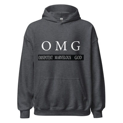 OMG Pullover Hoodie. Omnipotent Marvelous God. Hoodie is great quality and a great fit with a soft feel. Image in white and hoodie shown in dark heather.